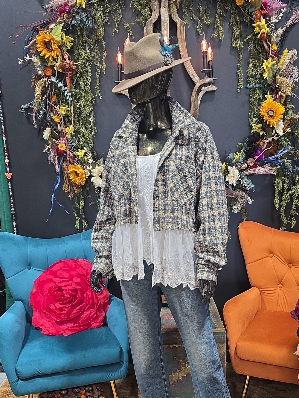 gimmicks by BKE Plaid Tweed Cropped Blazer Jacket with Lace Lower